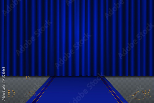Blue theater stage curtain with carpet walkway for ceremony transparent background.
