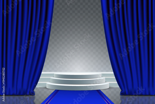 Blue stage curtains opening to podium platform on transparent background design.