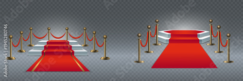 Red carpet stairs and platform with velvet rope barriers for event transparent background.