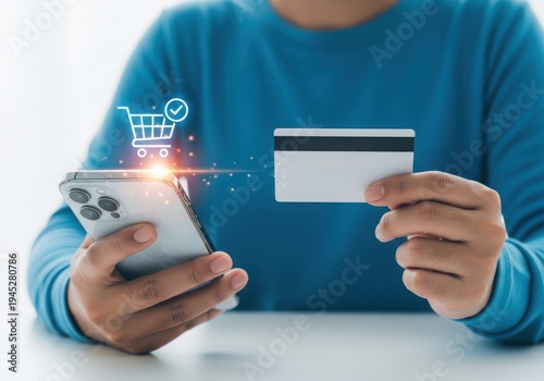 Person holding smartphone and credit card for online shopping transaction