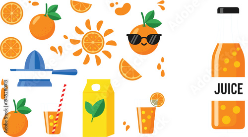 Fun Orange Juice Set with Sliced Fruit, Juice Carton, Glass, and Bottle for Bright and Refreshing Beverage Designs