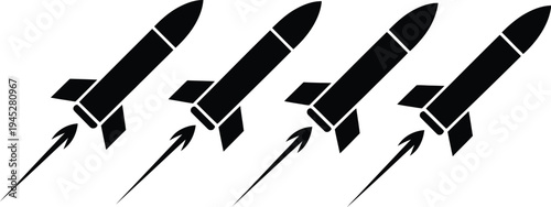 Rocket missile icon collection, black vector rockets flying up representing defense weapon technology aerospace launch systems isolated on white background.