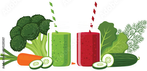 Healthy Green and Red Smoothie Jars with Vegetables and Fresh Ingredients for Nutritious Drink Designs