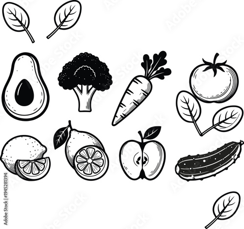 Set of healthy food and ingredients drawn in black and white silhouette for recipe book