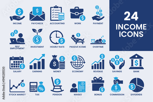 Set of 24 Income Icons Vector Collection for Finance, Business, and Investment Concepts