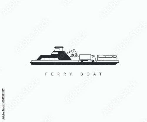 Aesthetic ferry boat logo design with cars and motorcycle. Ferry boat loading truck and bus on board vector illustration