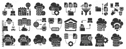 Cloud Computing and Data Management Icon Set. Solid Style Icons Including database, storage, analytics, network, security, backup, synchronization, server, file transfer and monitoring systems