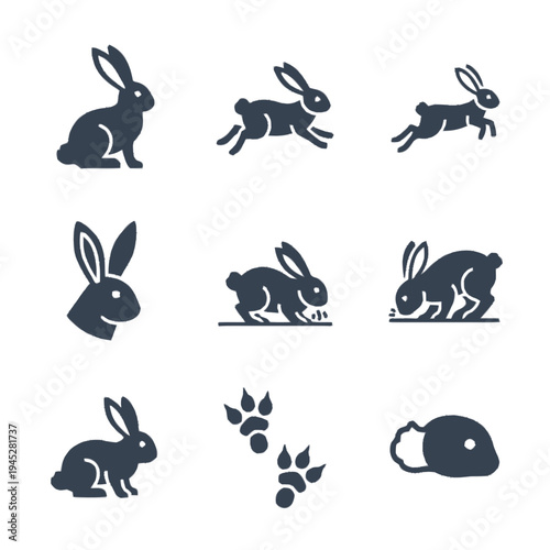 Rabbit and hare silhouette icon set in black, depicting various actions like running, jumping, sitting, and eating, with a burrow icon.