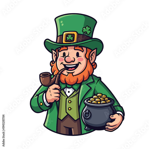 Smiling leprechaun character with pipe and pot of gold, a festive Irish vector illustration.