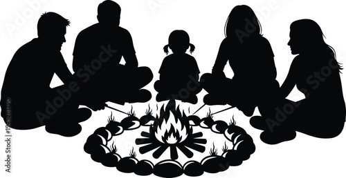 Black silhouette of a family with children sitting around a glowing campfire outdoors during a summer camping trip isolated on white,