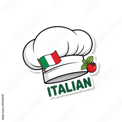 Stylized Italian Chef Hat with Flag, Tomato, and Basil Illustration for Culinary Design