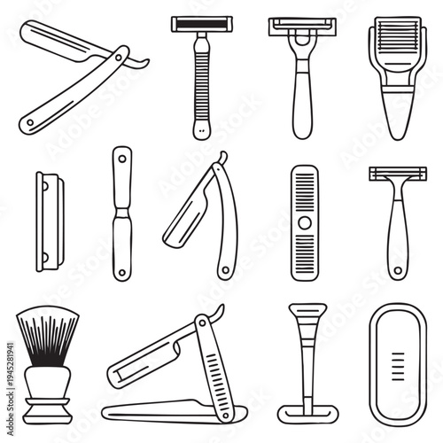 Collection of various shaving and grooming tools in black and white line style shaving tools