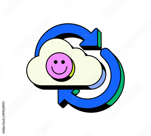 Cloud sync positive confirmation UI overlay alert illustration. Successful data refresh. Reliable server connection. Y2K neubrutalism popup notification element. Status message in funky retro design