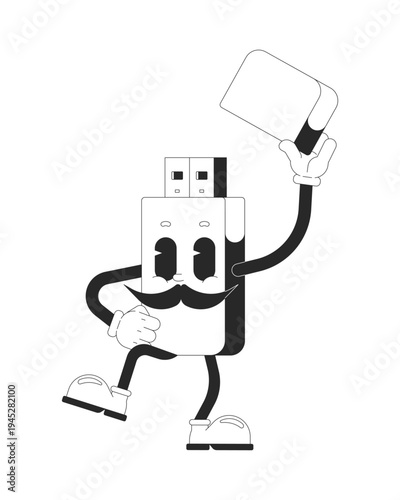 Gentleman USB flash drive with mustache outline groovy mascot character. Memory stick. Anthropomorphic gadget in rubber hose style. Black and white vector illustration. Personage with funky vibe