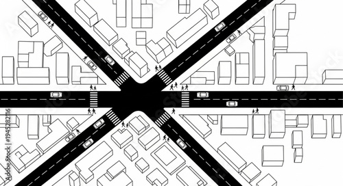 Aerial view of a busy city intersection with traffic and buildings.