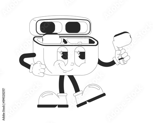 Wireless earphones smirking outline groovy mascot character. Handsfree audio case. Anthropomorphic gadget in rubber hose style. Black and white vector illustration. Personage with funky vibe