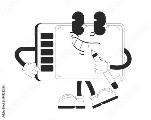 Cheerful graphics tablet holding stylus pen outline groovy mascot character. Digital drawing. Anthropomorphic gadget rubber hose style. Black and white vector illustration. Personage with funky vibe