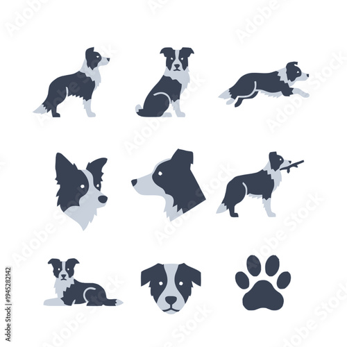 Set of flat design pixel art vector illustrations of Border Collie in various poses and views, including a paw print, on a white background.