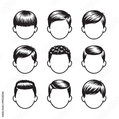 Nine black and white line of male hairstyles from the back view line male hairstyles nine heads
