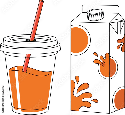 Orange Juice Carton and Cup with Straw Illustration for Beverage and Refreshment Designs