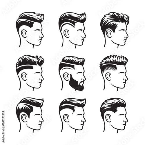 Nine black and white of men with different hairstyles and facial hair side profile