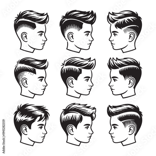 Nine black and white of young men with different hairstyles from side view