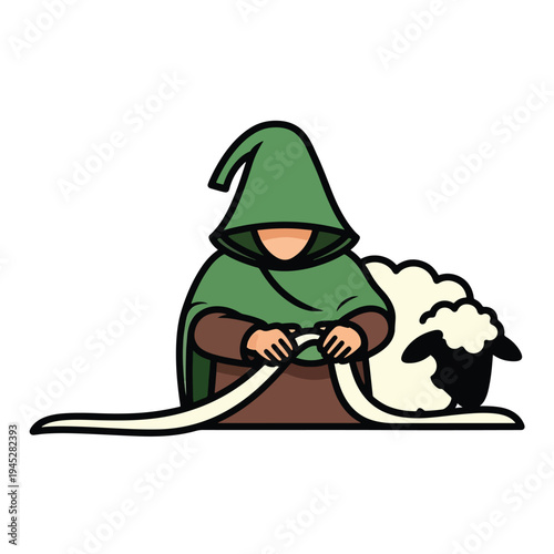 Traditional Fiber Craft Illustration: Hooded Person Processing Wool from a Sheep