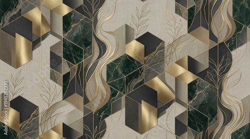 Modern luxurious seamless geometric pattern featuring golden hexagons, dark green marble textures, and elegant organic botanical elements on a light background.