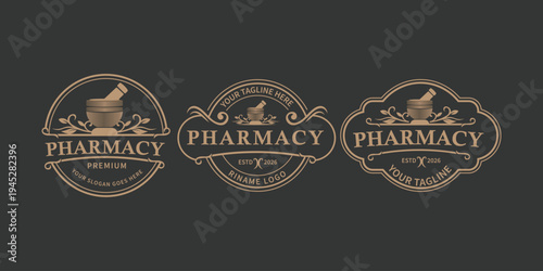 Vintage pharmacy logo. Illustration of mortar and pestle and herbal plant in emblem form, with leaf ornament and decoration for pharmacy, drug store and herbal medicine.