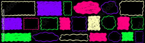 Soft shape and rectangle compose a frame, organic and wavy style around square, doodle border and crayon marks define shape and rectangle frame design.