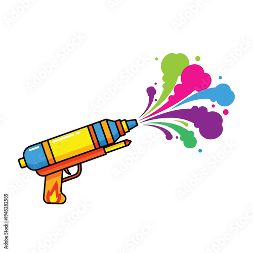 Colorful Toy Blaster Illustration Spraying Vibrant Paint Splatters, Perfect for Festive Celebrations