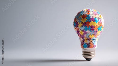 An innovative lightbulb made of puzzle pieces, symbolizing creativity. A light bulb with the multi-colored puzzle pieces within its shape.