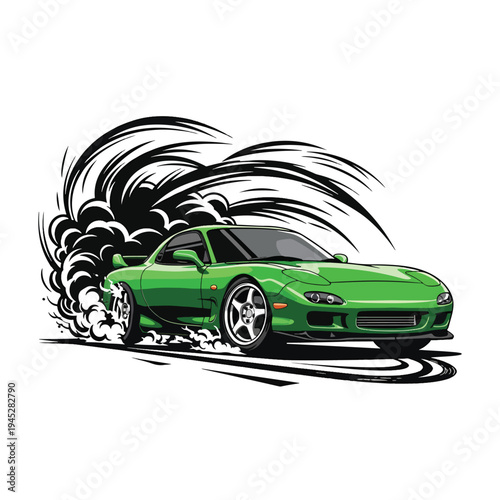 Dynamic Green Performance Car Drifting with Smoke - Vector Illustration of High-Speed Action