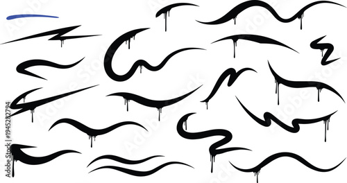 Black spray paint drip swashes set featuring graffiti style brush strokes, urban ink splatters, and liquid streetwear design elements, on white