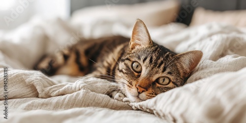 Wallpaper Mural Closeup of relaxed brown tabby domestic cat resting on soft beige bed linens in bright cozy bedroom interior, concept of comfort and slow weekend morning Torontodigital.ca