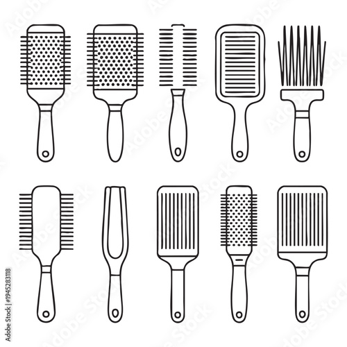 Set of ten black and white brushes and combs in a line-up hairbrushes hair tools grooming