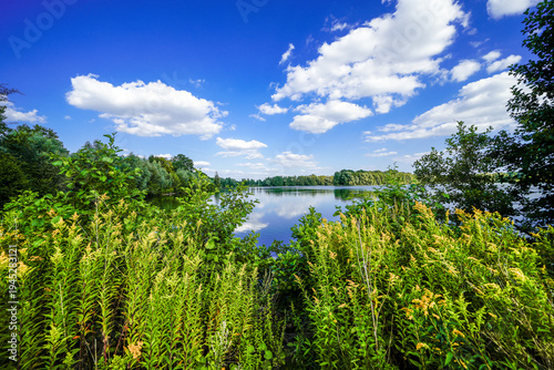 View of Lake Mastholte and the surrounding green landscape. Nature by the lake near Rietberg in the Gütersloh district.
