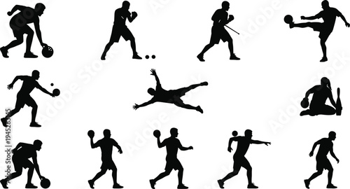 Bowling sport player silhouette set, men athletes throwing ball and hitting pins vector illustration isolated on white background
