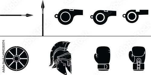 Black Vector Silhouette Set Featuring Ancient Spartan Helmet, Shield, Spears, Boxing Gloves, and Whistles for Sports, History, Training, and Competition,