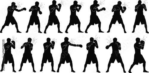 Boxing Silhouette Set, Boxer Training Poses, Fighter Sparring Graphics, Martial Arts Action, Sport Silhouette, Athlete Vector, Cad Drawing Flat Vector Illustration.eps