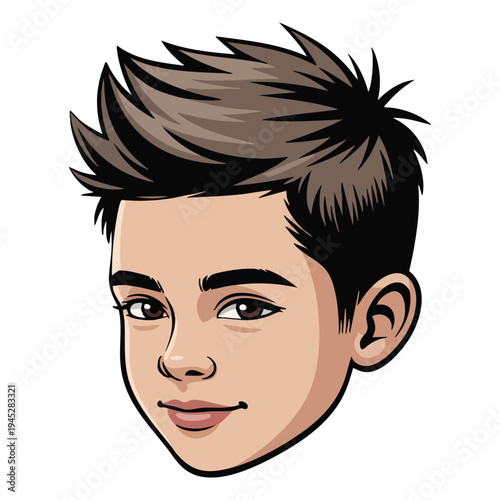 Young boy with short spiky brown hair and a slight smile looking to the side short hair
