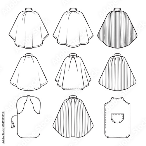 Various styles of aprons and bibs with different patterns and clothing kitchen