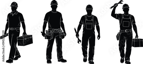 Cad drawing flat vector illustration, construction worker silhouettes with tools toolbox and wrench isolated industrial labor set