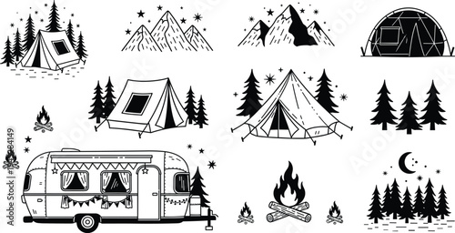 Camping adventure icon set, outdoor travel tents mountains forest campfire caravan night flat vector illustration black white