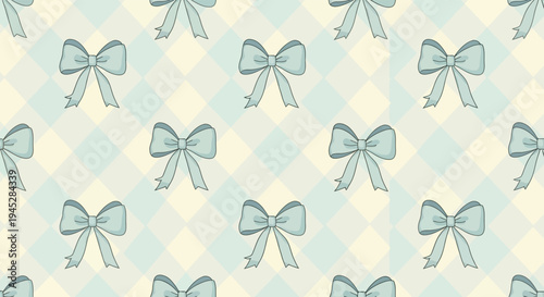 Coquette seamless pattern featuring delicate pastel blue bows with flowing satin ribbons