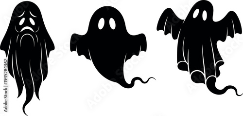 Halloween ghost silhouette vector set with spooky flying spirits isolated on light background for horror holiday decoration design