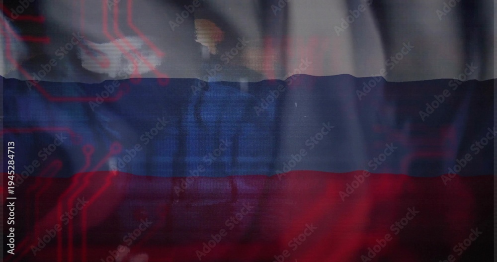 Fototapeta premium Displaying sheer white-blue-red flag in dim studio, showing folds, glow, red circuit and faint form