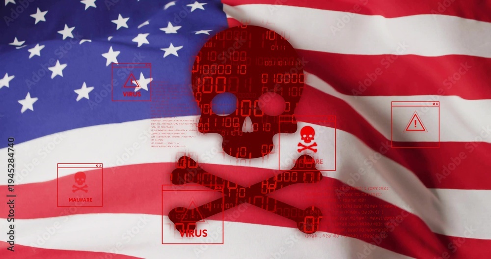 Fototapeta premium Displaying red skull-and-crossbones over United States flag, showing malware popups and binary code