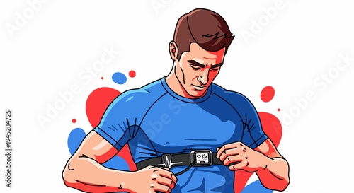 Man in Blue Workout Gear with Weightlifting Belt in Vibrant Red and Blue Circles Background - Healthcare and Medical Fitness Illustration