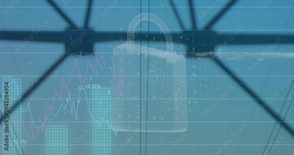 Fototapeta premium Market data updating, causing wireframe padlock hovering over trusses, gridlines, cyan charts